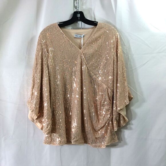 NEW Grace Karin Champagne Sequin Top NWT Size 2XL V-Neck Lined Party Blouse - Picture 3 of 6